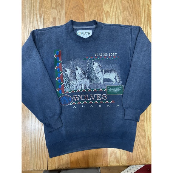 Vintage Players Van Heusen Sweatshirt Mens M Blueish Gray Pullover Wolves Alaska - Picture 2 of 7
